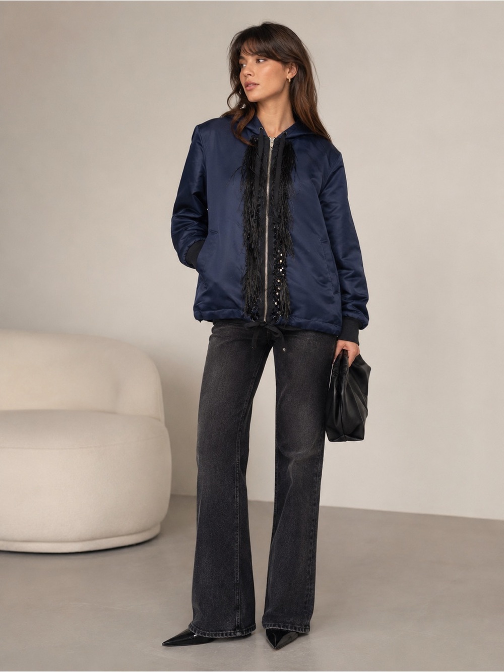Cinq à sept Navy Satin Bomber Jacket Fringe feather Sequin Trim drawstring sz XS